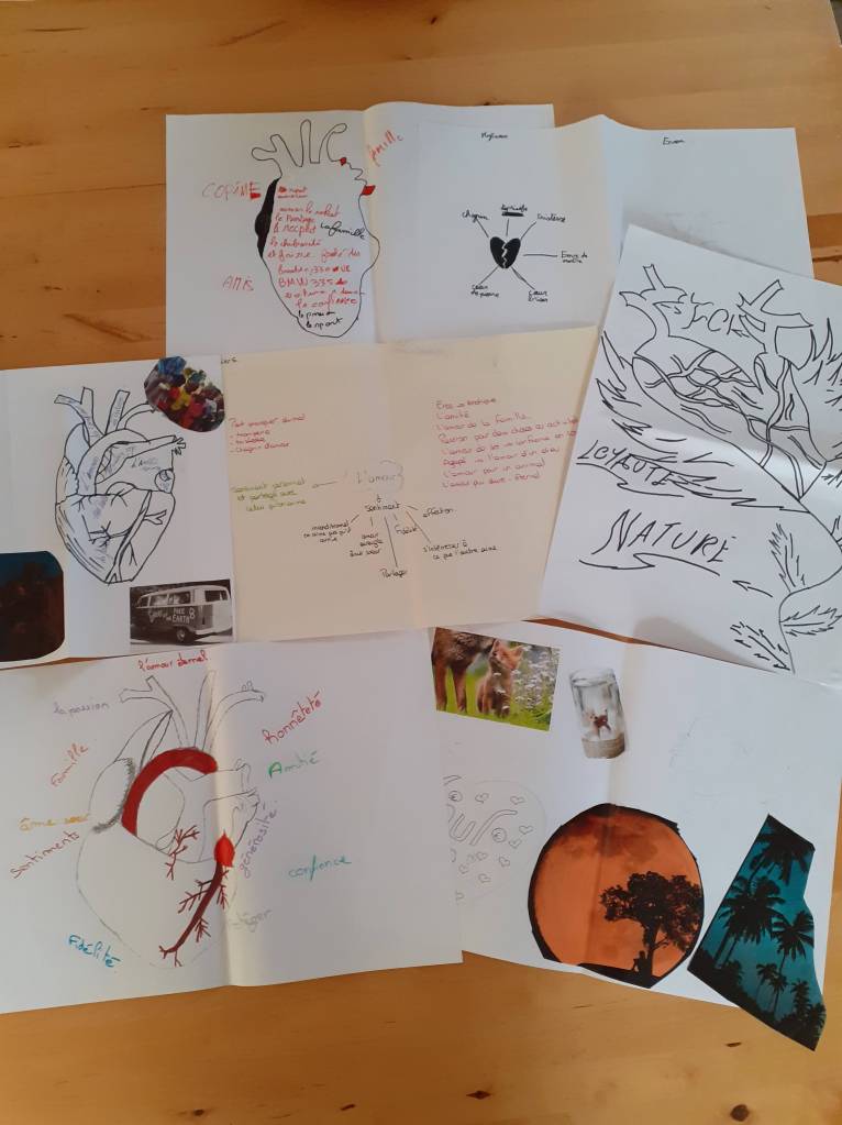 trace écrite et dessinée d'un atelier sur l'amour avec une classe de 3ème SEGPA